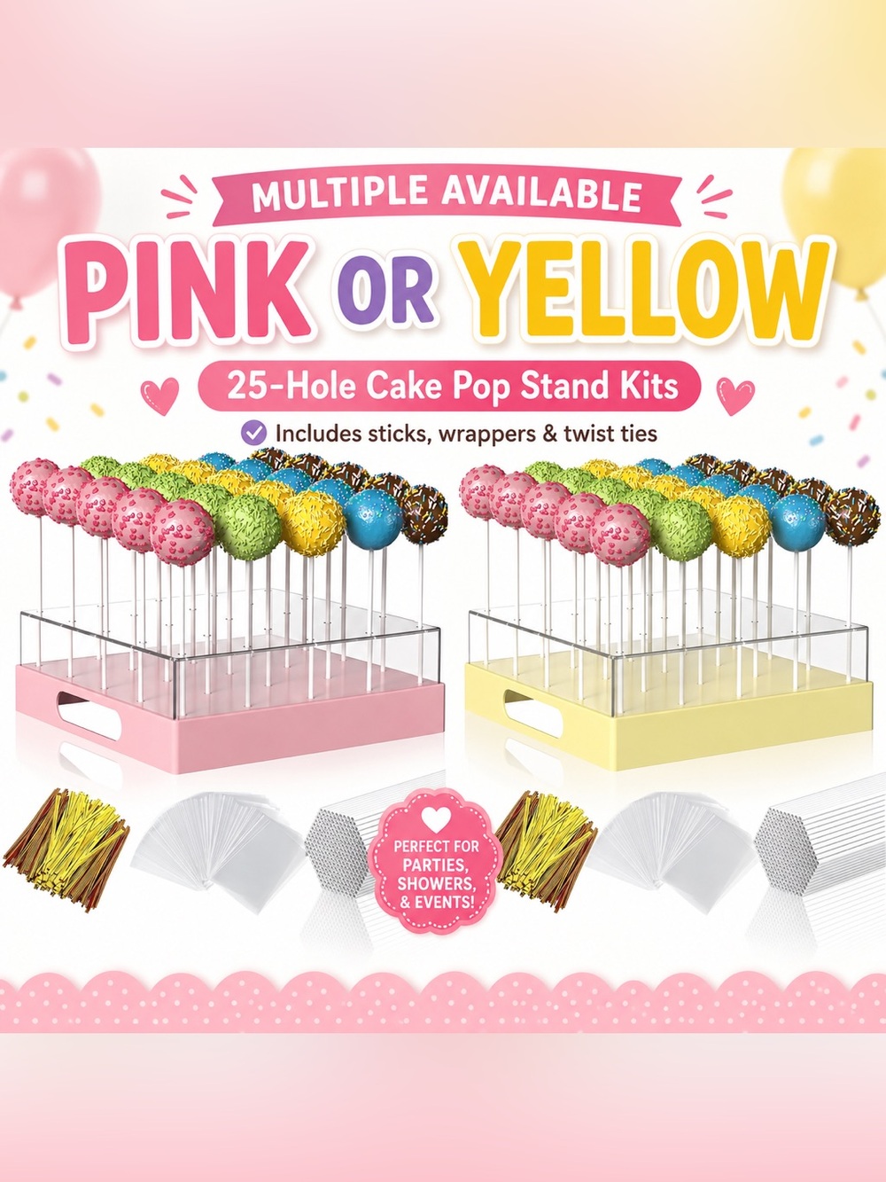 NWT 25 Slot Cake Pop Stand w/ Sticks Bags Ties 7.5"x7.5" Pink or Yellow Acrylic